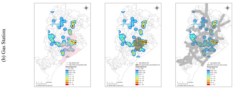 - High income-population, job opportunities (Getis-Ord Gi* cluster analysis), 500-meter buffer of main corridors and the spatial concentration of establishments (Kernel Density). Source: The authors.
