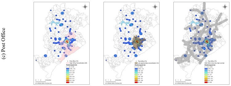 - High income-population, job opportunities (Getis-Ord Gi* cluster analysis), 500-meter buffer of main corridors and the spatial concentration of establishments (Kernel Density). Source: The authors.