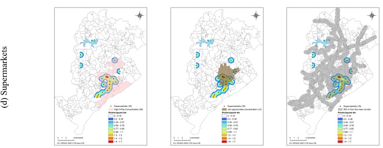 - High income-population, job opportunities (Getis-Ord Gi* cluster analysis), 500-meter buffer of main corridors and the spatial concentration of establishments (Kernel Density). Source: The authors.