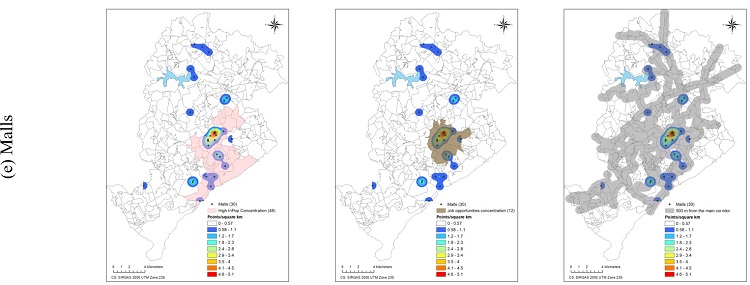 - High income-population, job opportunities (Getis-Ord Gi* cluster analysis), 500-meter buffer of main corridors and the spatial concentration of establishments (Kernel Density). Source: The authors.