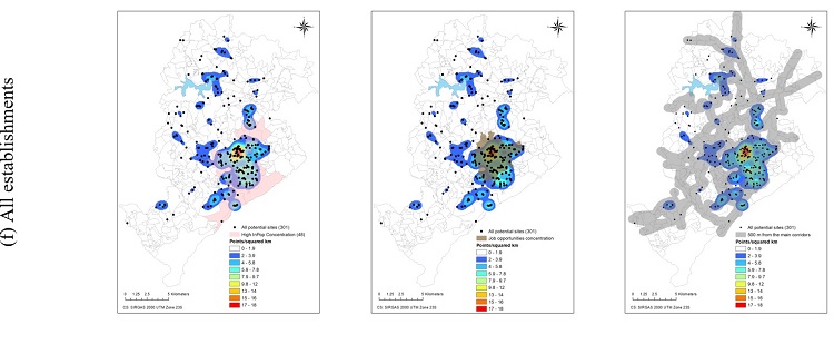 - High income-population, job opportunities (Getis-Ord Gi* cluster analysis), 500-meter buffer of main corridors and the spatial concentration of establishments (Kernel Density). Source: The authors.