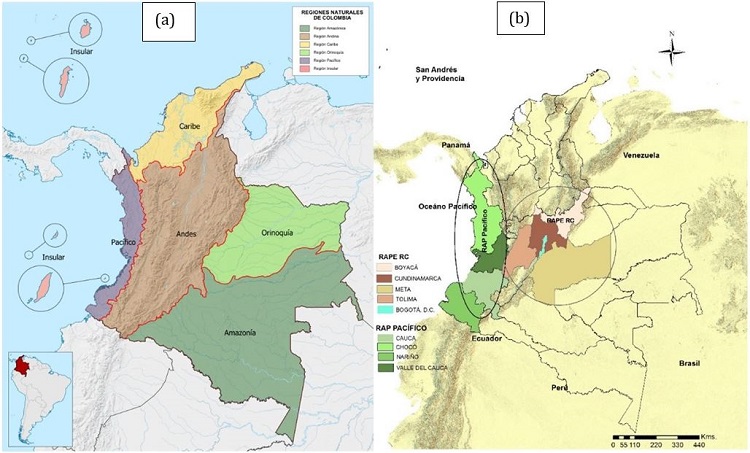 - Localización geográfica en el territorio colombiano de las regiones naturales (a) y de la RAPE Región Central y RAP Pacífico (b). Fuente: (a) Shadowxfox (2014); (b) Elaboración propia (2018).