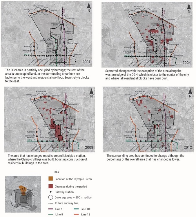 - Physical dynamics of the coverage areas of the subway stations in the Olympic Green Zone in 2001, 2004, 2008 and 2012. Source: the author, 2013, and Google Earth cartographic base.
