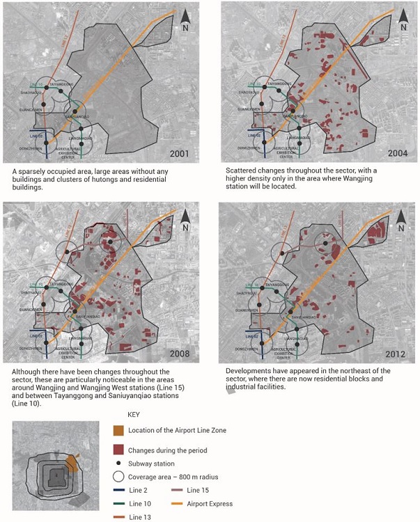 - Physical dynamics in the coverage area of the subway stations in Airport Zone 1 in 2001, 2004, 2008 and 2012. Source: the author, 2013, and Google Earth cartographic base.