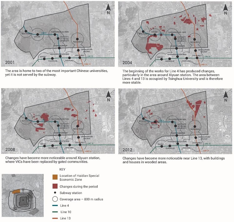 - Physical dynamics in the coverage area of the subway stations in the Haidian Special Economic Zone in 2001, 2004, 2008 and 2012. Source: the author, 2013, and Google Earth cartographic base.