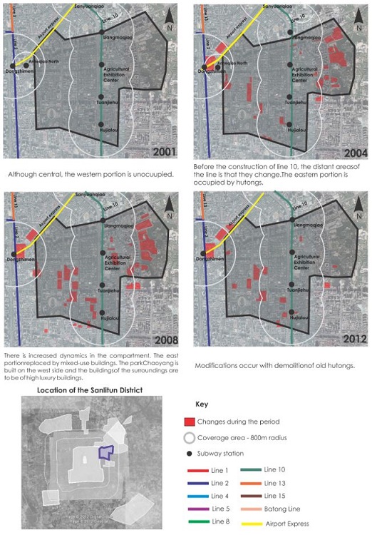 - Physical dynamics in the coverage area of the subway stations in Sanlitun District in 2001, 2004, 2008 and 2012. Source: the author, 2013, and Google Earth cartographic base.