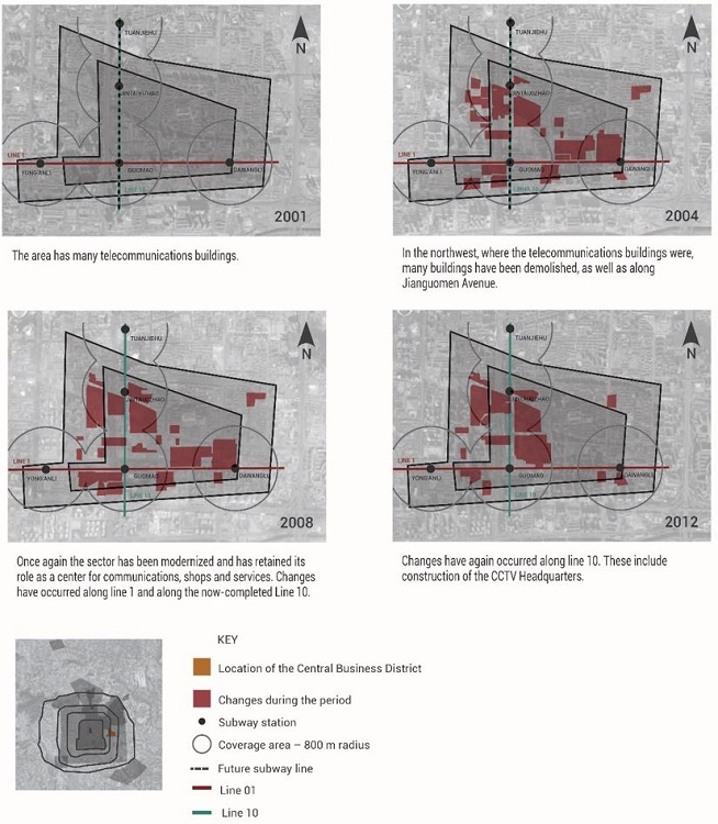 - Physical dynamics in the coverage area of the subway stations in the Central Business District in 2001, 2004, 2008 and 2012. Source: the author, 2013, and Google Earth cartographic base.