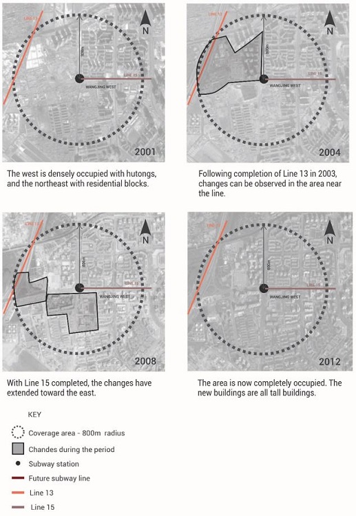 - Graphical example of the analysis of the dynamics in the areas surrounding the stations with the greatest number of arriving and departing passengers - Wangjing West Station &ndash; Airport SEZ in 2001, 2004, 2008 and 2012. Source: the author, 2013, and Google Earth cartographic base.