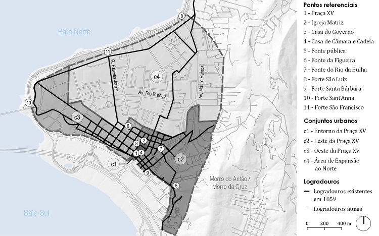 - Mapa aproximado dos conjuntos urbanos definidos por Veiga (2010), com as vias existentes em 1819 e os referenciais hist&oacute;ricos importantes. Fonte: Elaborada pelo autor a partir de mapa de Veiga (2010) sobre dados da Prefeitura Municipal de Florian&oacute;polis.