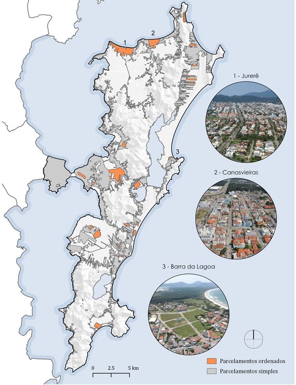 - Localiza&ccedil;&atilde;o aproximada dos parcelamentos simples e ordenados em Florian&oacute;polis. Fonte: adaptada e atualizada pelo autor a partir de Reis (2012) e de dados da Prefeitura Municipal de Florian&oacute;polis. Fotos de 2016 por S&iacute;lvio Soares Macedo, doadas ao laborat&oacute;rio de Urbanismo da UFSC e disponibilizadas em Flickr (2019).