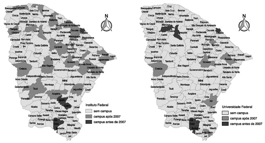 - Localiza&ccedil;&atilde;o dos campi do instituto e das universidades federais no Cear&aacute;, por per&iacute;odo de implanta&ccedil;&atilde;o. Fonte: Elaborado a partir de base cartogr&aacute;fica do IBGE (2010) e dados do Sistema Integrado de Monitoramento Execu&ccedil;&atilde;o e Controle (Simec) do Minist&eacute;rio da Educa&ccedil;&atilde;o (MEC)