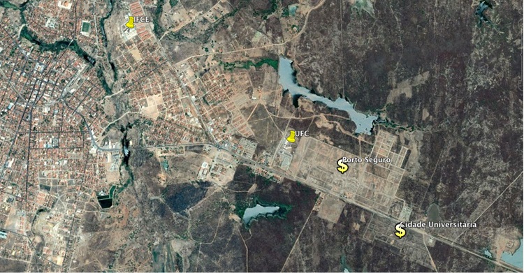 - Empreendimentos imobili&aacute;rios no entorno do campus da UFC em Crate&uacute;s. Fonte: Elaborada a partir de foto a&eacute;rea do Google Earth (2019c).