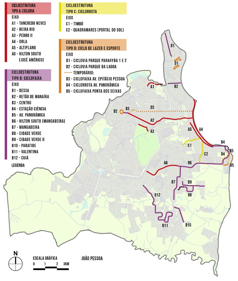 - Mapa de localização e classificação da infraestrutura cicloviária existente em João Pessoa. Fonte: Elaboração própria.