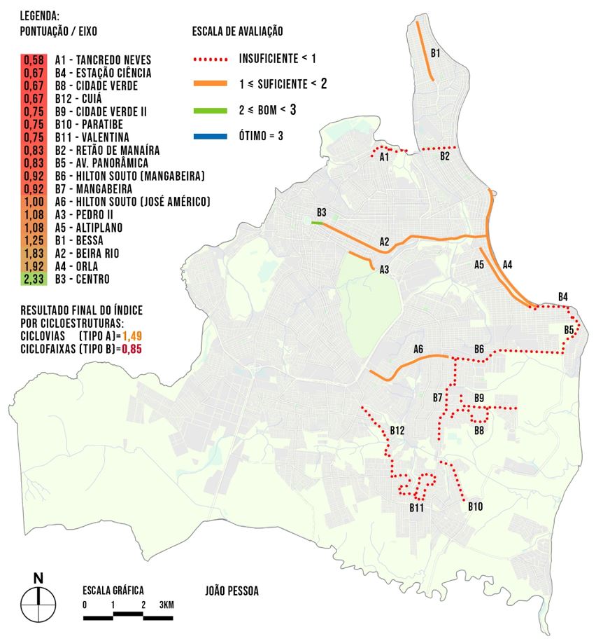 - Mapa da infraestrutura cicloviária de João Pessoa com classificação do Índice QualICiclo. Fonte: Elaboração própria.