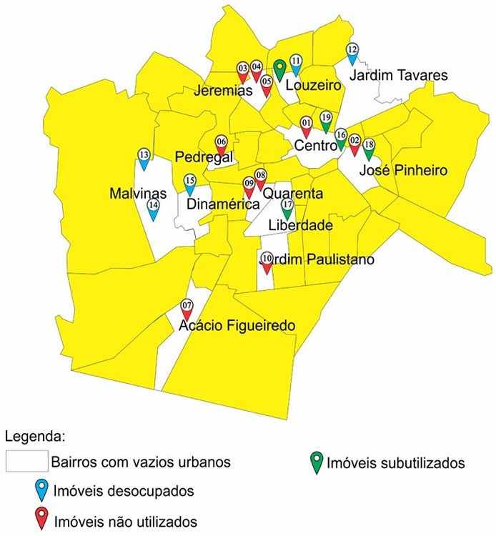 - Localização dos imóveis públicos vazios por bairro. Fonte: Elaborado pelo autor (2018) com base em dados obtidos na pesquisa.