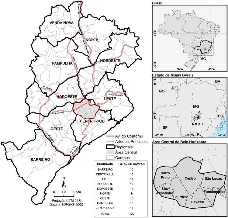 - Campos, regionais administrativas, área central e principais vias arteriais de Belo Horizonte/MG. Fonte dos dados: Elaboração própria. Base de dados digital das Unidades Territoriais (PRODABEL).