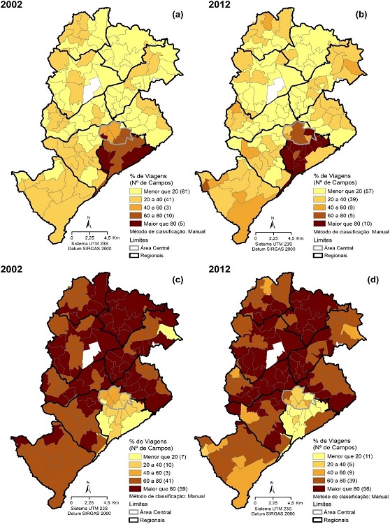 - Fluxos por ônibus em Belo Horizonte/MG: Intrarregionais 2002 (a) e 2012 (b), Inter-regionais 2002 (c) e 2012 (d). Fonte dos dados: Elaboração própria. Base digital das Pesquisas OD (2002 e 2012).