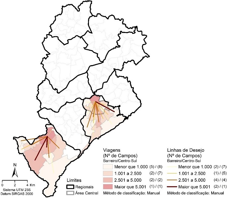 - Frequência de viagens intrarregionais nos Campos Barreiro e Centro-Sul (2012). Fonte dos dados: Elaboração própria. Base digital das Pesquisas OD (2002 e 2012).