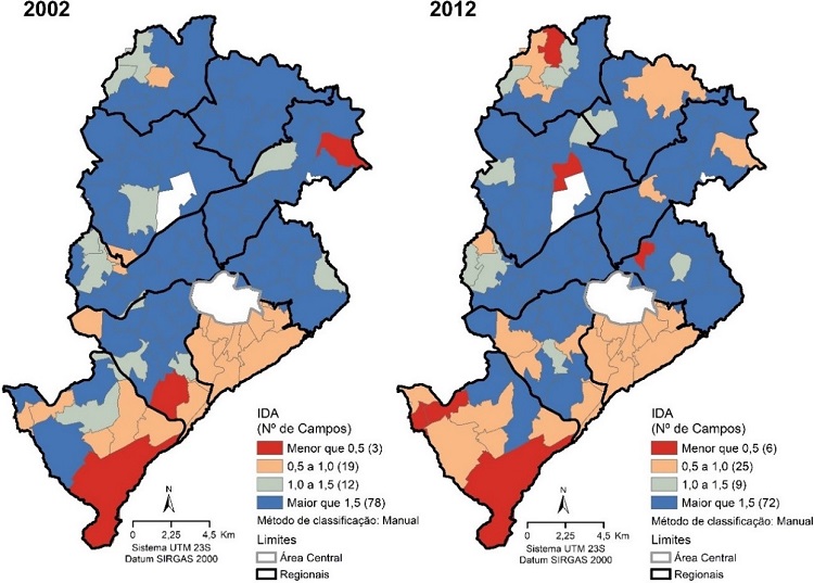 - Índice de Atração da AC de Belo Horizonte/MG (2002 e 2012). Fonte dos dados: Elaboração própria. Base digital das Pesquisas OD (2002 e 2012).
