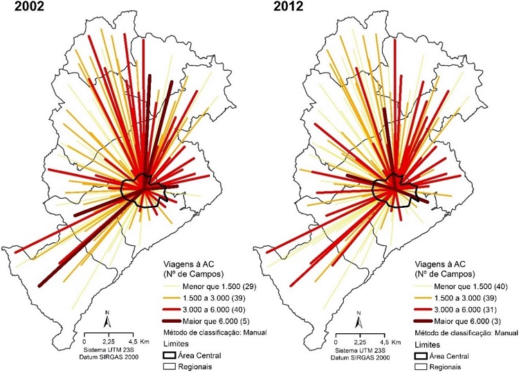 - Linhas de fluxos por ônibus para a AC de Belo Horizonte/MG (2002 e 2012). Fonte dos dados: Elaboração própria. Base digital das Pesquisas OD (2002 e 2012).