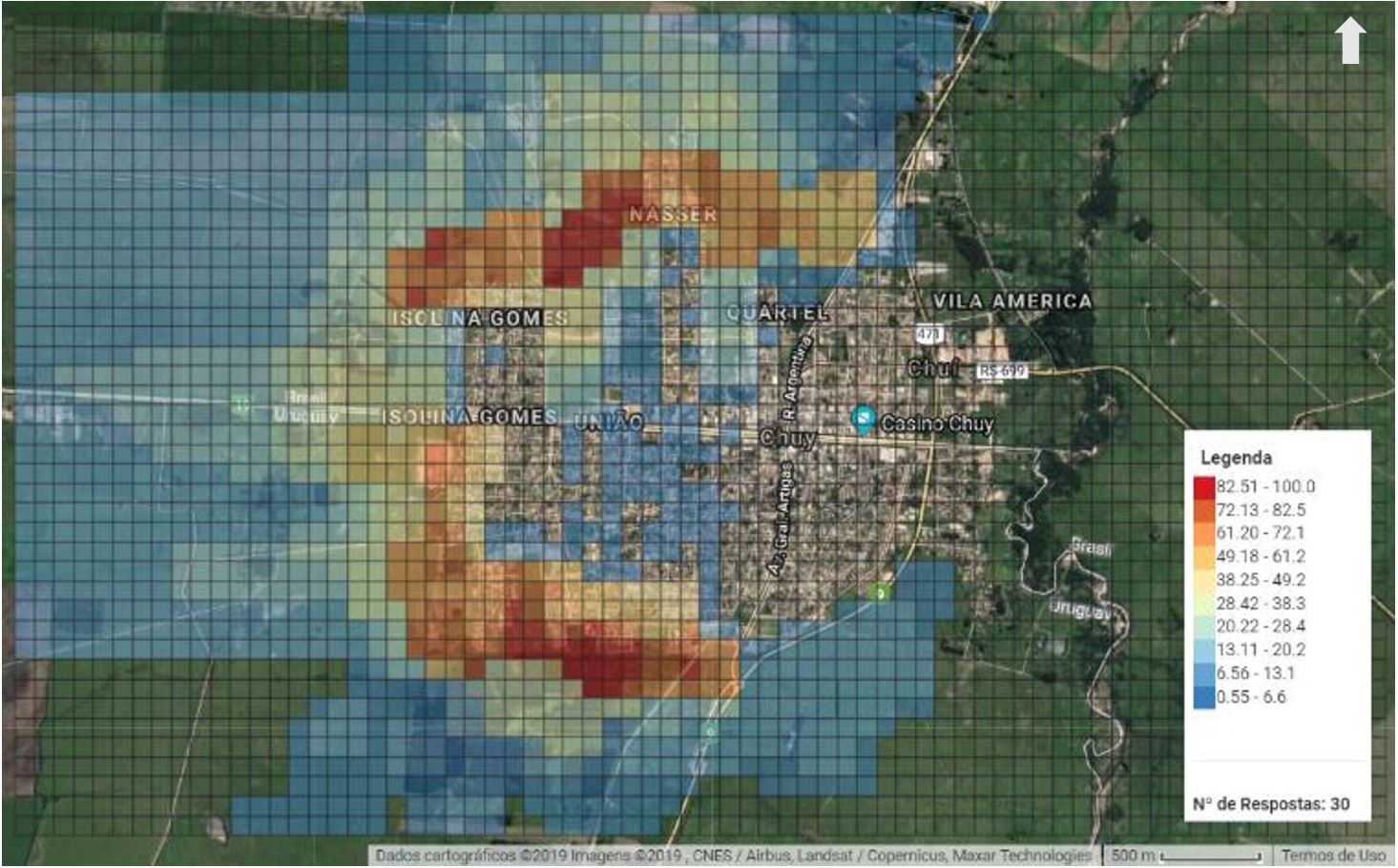 - Resultado da pergunta “Quais áreas destinar para a expansão urbana?”, com visualização normalizada de 0 a 100, em 10 classes, por natural breaks, usando vermelho para os valores mais elevados. Fonte na plataforma do PeopleGrid (2019). Dos autores (2019).
