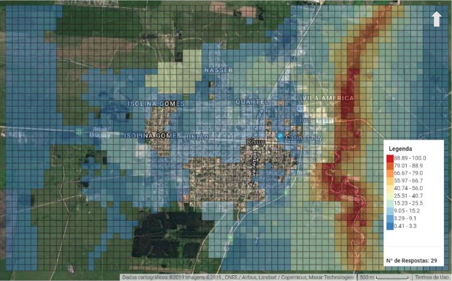 - Resultado da pergunta “Quais áreas destinar para a preservação ambiental?”, com visualização normalizada de 0 a 100, em 10 classes, por natural breaks, usando vermelho para os valores mais elevados. Fonte na plataforma do PeopleGrid (2019). Dos autores (2019).