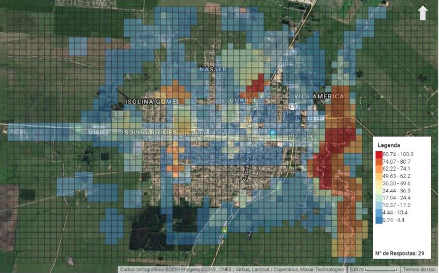- Resultado da pergunta “Quais áreas destinar para parque urbano público?”, com visualização normalizada de 0 a 100, em 10 classes, por natural breaks, usando vermelho para os valores mais elevados. Fonte na plataforma do PeopleGrid (2019). Dos autores (2019).