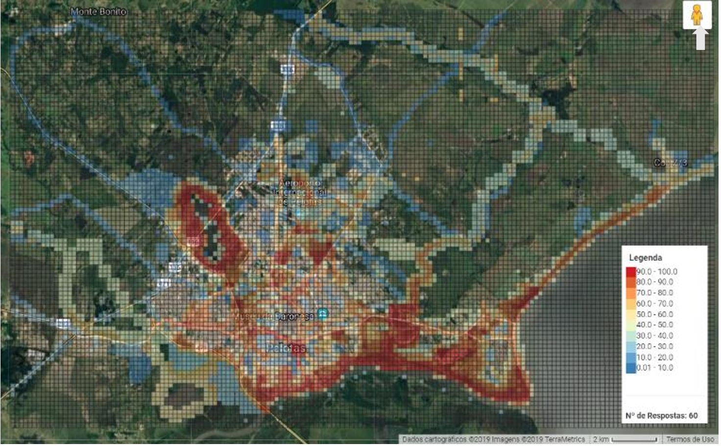 - Resultado da pergunta “Quais as áreas a destinar para parque na área urbana?”, com visualização normalizada de 0 a 100, em 10 classes, por natural breaks, usando vermelho para os valores mais elevados. Fonte na plataforma do PeopleGrid (2019). Dos autores (2019).