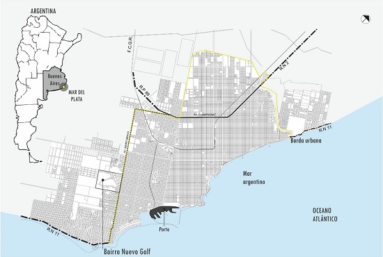 - Localização da cidade de Mar del Plata e do bairro Nuevo Golf. Fonte: elaboração própria, 2018.
