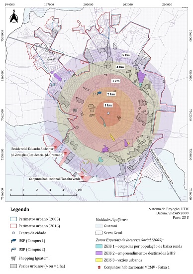 - Distribui&ccedil;&atilde;o das ZEIS, dos empreendimentos MCMV &minus; Faixa 1 e dos vazios urbanos com &aacute;rea maior ou igual a 1 ha em S&atilde;o Carlos-SP. Fonte: Elaborado com base em DataGEO (2007); IBGE (2015); S&atilde;o Carlos (2005, 2016); e Barbosa (2018, p. 152).