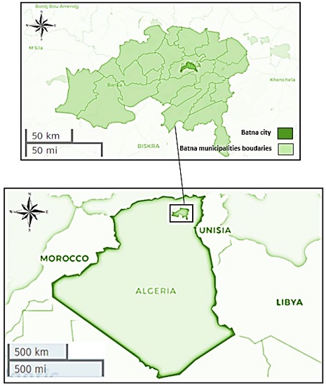 - The location of Batna in Algeria and its municipalities boundaries. Source: Geographic data and processed by the author.