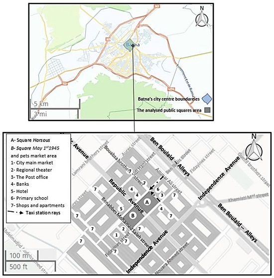 - The squares analysed &ldquo;Harsous square&rdquo; and &ldquo;regional theatre Square&rdquo; and their surrounding area in Batna city. Source: Geographic data & processed by the autor 2019.