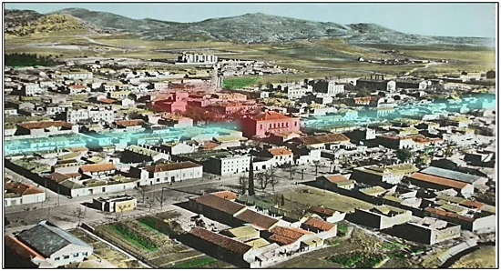 - The old church of Harsous square in front of the theatre and its square (in light red), separated by the Republic Avenue (in light blue) in the old city centre of the colonial period. Source: The archive of the author (Delcampe International, 2019) and processed by the autor 2019.