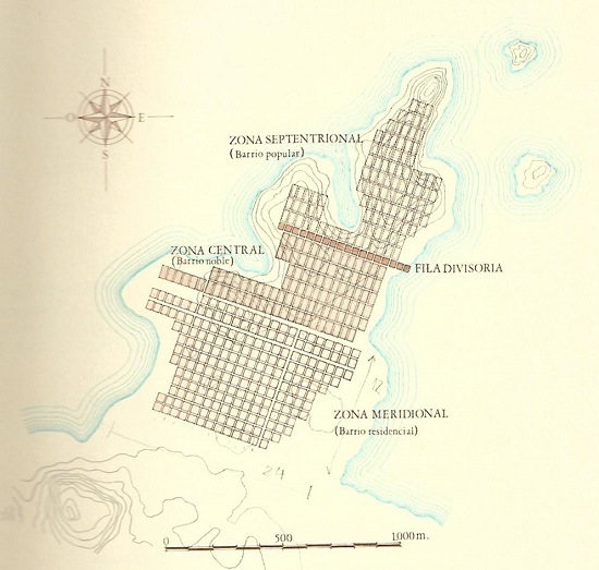 - Estructura teórica de la ciudad de Mileto. Fuente: Plano de Cervera Vera en su libro “Las ciudades teóricas de Hipódamo de Mileto” (Cervera, 1987).