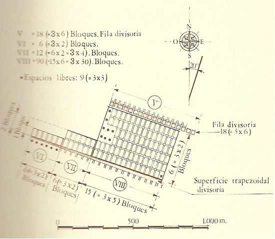 - Zona central de la ciudad de Mileto. Fuente: Plano de Cervera Vera en su libro “Las ciudades teóricas de Hipódamo de Mileto” (Cervera, 1987).