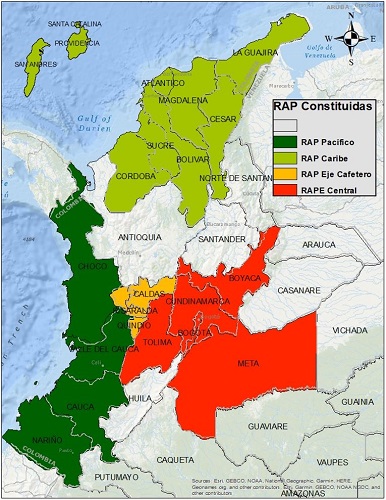 - Colombia, Las regiones RAP. Fuente: Elaboraci&oacute;n propia.