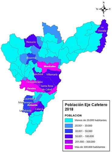 - RAP Eje cafetero, distribuci&oacute;n de la poblaci&oacute;n seg&uacute;n intervalos, 2018. Fuente: Departamento Administrativo Nacional de Estad&iacute;sticas (2019).