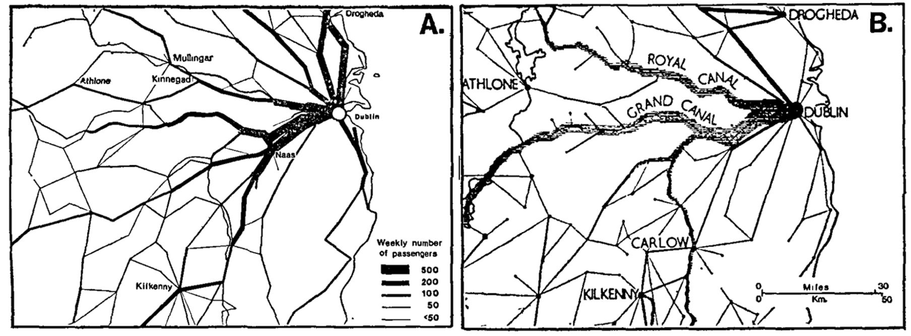 - Padr&otilde;es de movimenta&ccedil;&otilde;es de passageiros (A) e de mercadorias (B) em 1837. Fonte: Horner (1979, p. 83).