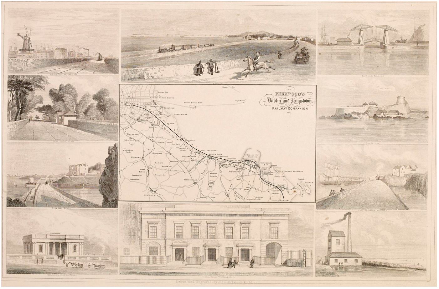 - Mapeamento da primeira ferrovia no territ&oacute;rio irland&ecirc;s, interligando o porto central de Dublin com o p&iacute;er e sub&uacute;rbio de Kingstown, e perspectivas da paisagem periurbana que se formava (1836). Fonte: acervo da National Library of Ireland.