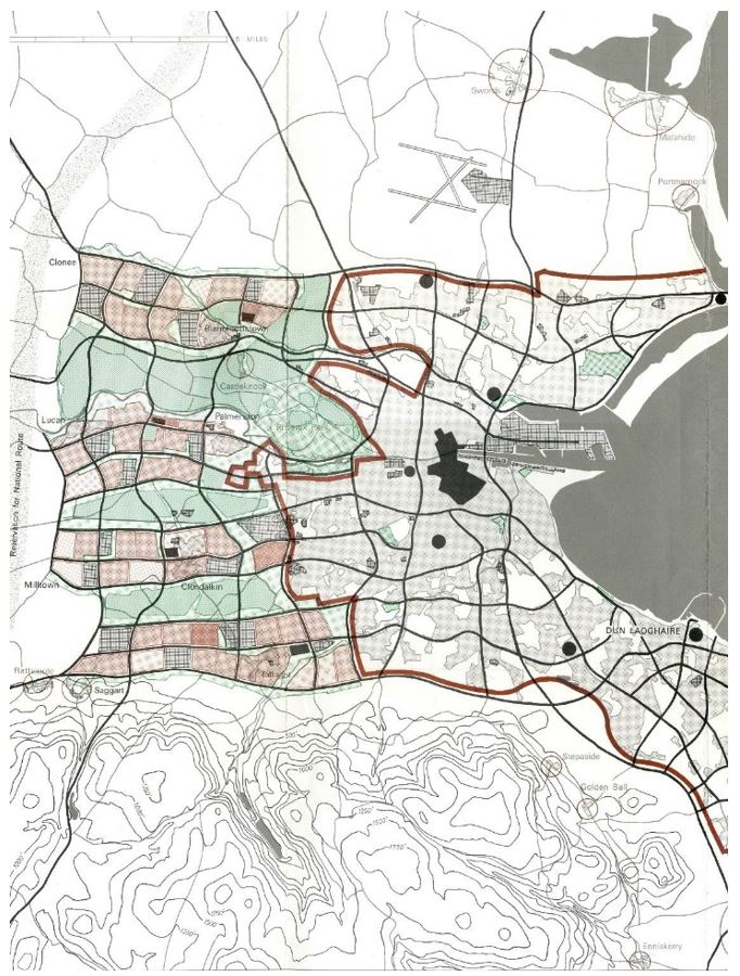 - Plano de Wright para Dublin (1967). Mancha preta: n&uacute;cleo central; mancha cinza: &aacute;rea residencial existente; pontos pretos: novos centros secund&aacute;rios; mancha preta quadriculada: &aacute;reas industrial e portu&aacute;ria; mancha vermelha: nova frente de expans&atilde;o das &aacute;reas residenciais; mancha verde: espa&ccedil;os livres. Fonte: The Dublin Region: Advisory Regional Plan & Final Report (1967) apud MacLaran & Punch (2004).