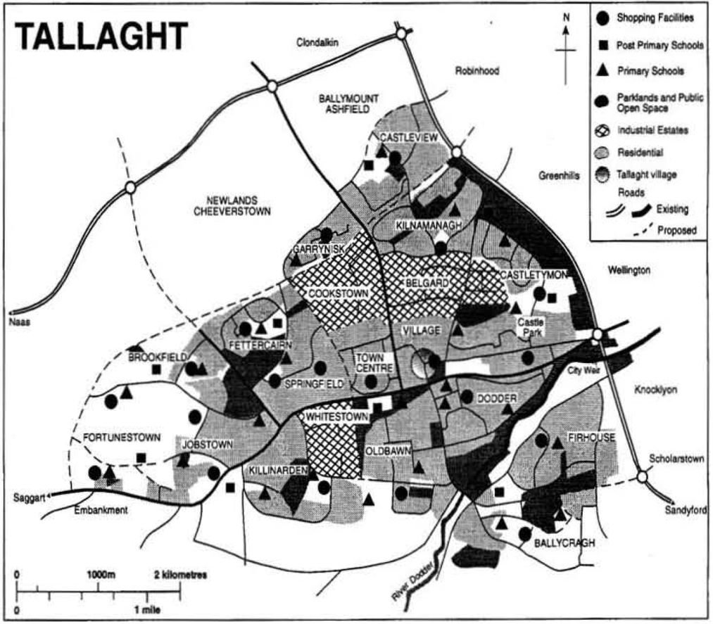- Plano para cria&ccedil;&atilde;o e desenvolvimento de novo n&uacute;cleo urbano &ndash; Tallaght (1972). C&iacute;rculo: com&eacute;rcio e servi&ccedil;o; quadrado e tri&acirc;ngulo: edif&iacute;cios institucionais; mancha preta: parques e espa&ccedil;os livres; mancha quadriculada: &aacute;rea de escrit&oacute;rios e ind&uacute;strias; mancha cinza: &aacute;rea residencial. Fonte: MacLaran & Punch (2004, p. 26).
