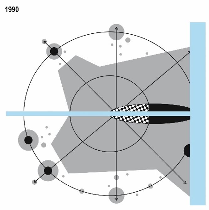 - Diagrama correlacionando a forma urbana de Dublin com a atividade portu&aacute;ria em 1990. Em cinza: mancha urbana; preto: atividades portu&aacute;rias e industriais; azul: rio Liffey (linha horizontal) e mar da Irlanda (mancha vertical); quadriculado em preto e branco: por&ccedil;&atilde;o central obsoleta; linha preta: eixos de conex&atilde;o. Fonte: Elaborado pelo autor com base nas imagens de sat&eacute;lite Google Earth (Google, 2019).