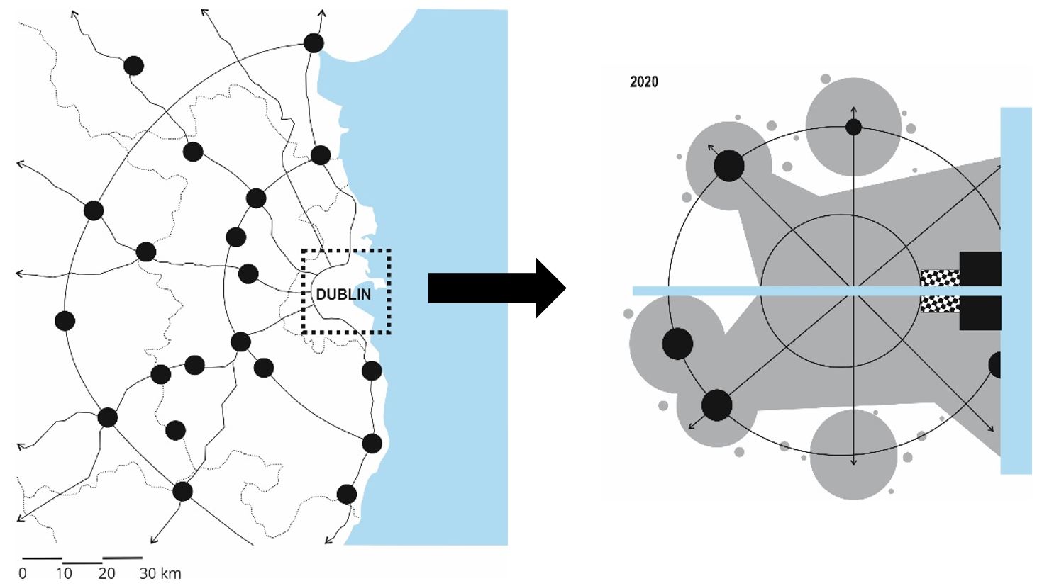- Diagrama correlacionando a forma urbana de Dublin com a atividade portu&aacute;ria em 2019. Em cinza: mancha urbana; preto: atividades portu&aacute;rias e industriais; azul: rio Liffey (linha horizontal) e mar da Irlanda (mancha vertical); quadriculado em preto e branco: por&ccedil;&atilde;o central obsoleta; linha preta: eixos de conex&atilde;o; linha pontilhada: limites pol&iacute;tico-administrativos. Fonte: Elaborado pelo autor com base nas imagens de sat&eacute;lite Google Earth (Google, 2019).