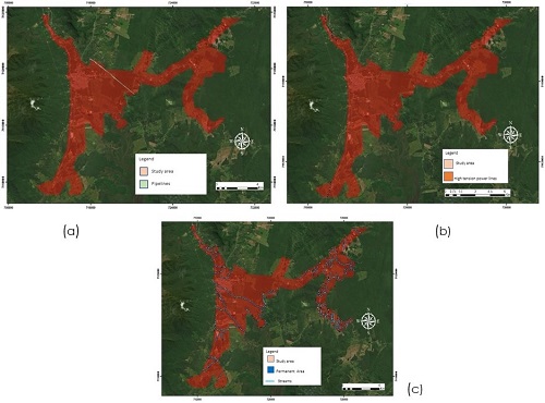 - The individual restriction factor maps: (a) Pipelines; (b) Power networks; (c) Permanent Conservation Area. Source: Elaborated by the authors.