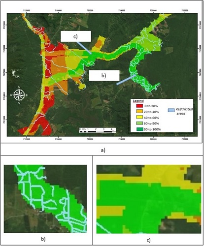 - (a) Dry port suitability map; (b) Area with many restrictions; (c) Area with few restrictions. Source: Elaborated by the authors.