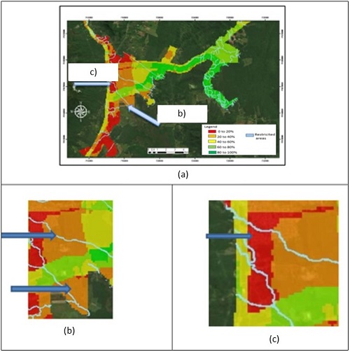 - (a) Dry port suitability map; (b) Area with little mobility; (c) Downtown of the Garuva City. Source: Elaborated by the authors.