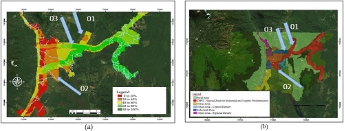 - (a) Dry port suitability map; (b) Land-use map of Garuva City. Source: Elaborated by the authors.