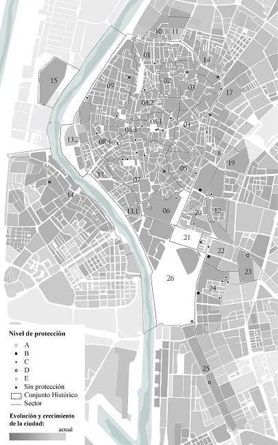 - Sectores del Conjunto Hist&oacute;rico de Sevilla. Nivel de protecci&oacute;n de los edificios analizados a trav&eacute;s del Plan General de Ordenaci&oacute;n Urban&iacute;stica de Sevilla (PGOU) y los Planes Especiales de Protecci&oacute;n (PEP). Fuente: Elaborado por los autores (2020) en base al PGOU (Sevilla, 2006) y a los PEP.