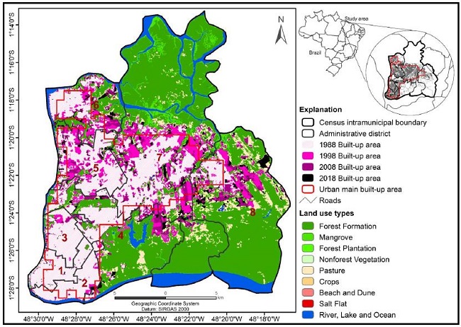 Location of the sampled urban areas and land use map of the Metropolitan Region of Bel&eacute;m in 2018. The map also shows the administrative districts: (1) Bel&eacute;m, (2) Guam&aacute;, (3) Sacramenta, (4) Entroncamento, (5) Bengui, (6) Icoaraci, (7) Ananindeua and, (8) Marituba. 