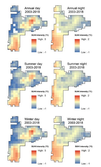 Distribution of the mean annual and seasonal (wet and dry) SUHI during the daytime and nighttime in Metropolitan Region of Bel&eacute;m during 2003 - 2018. 